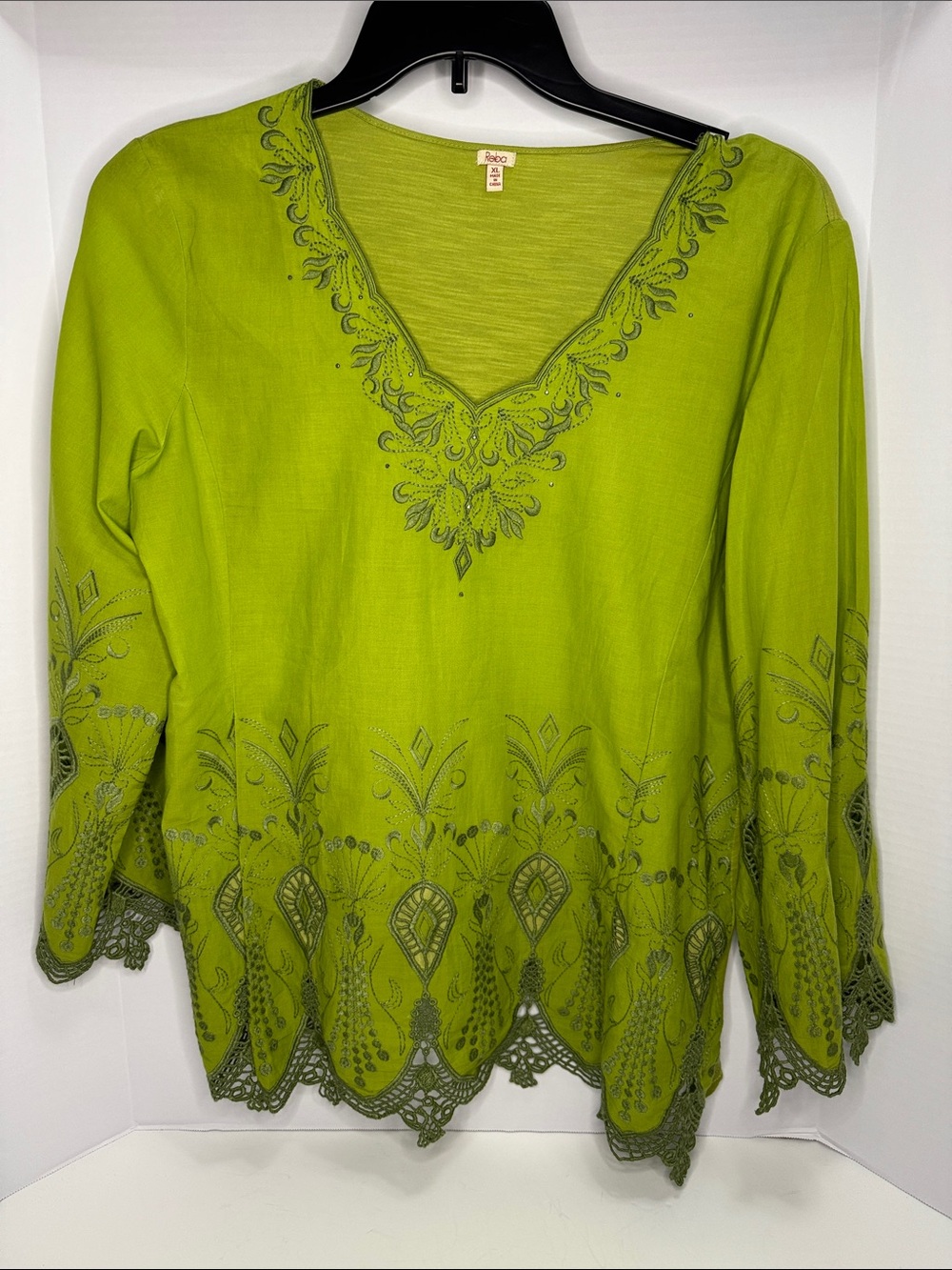 Reba Lace/Embroidered V-Neck Tunic Green